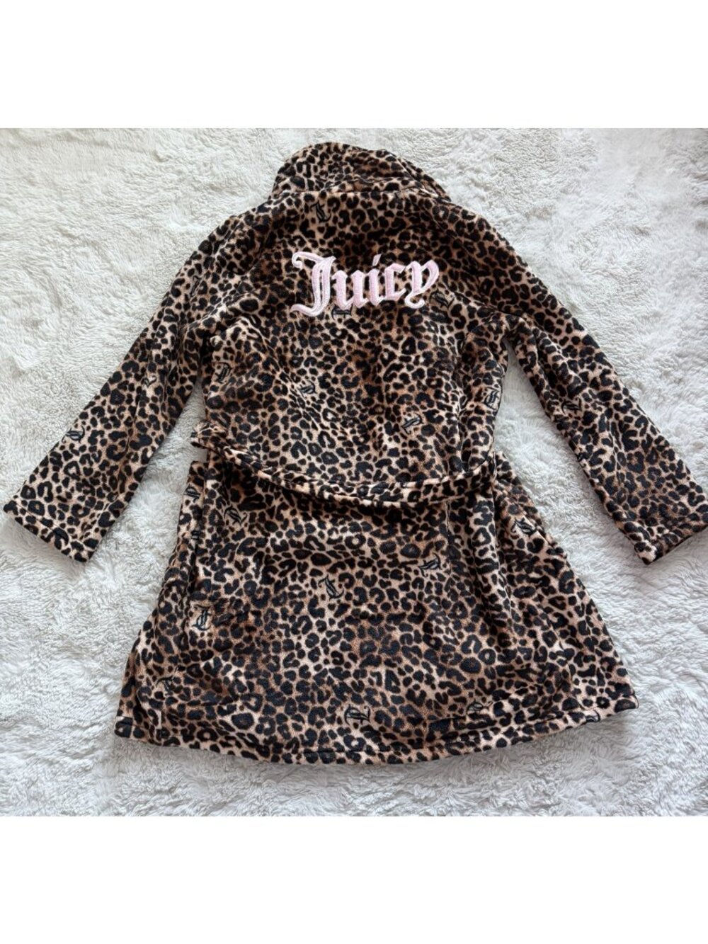 Juicy Couture Leopard Print Back Pink Logo Soft Short Robe Women’s Sz S/M NEW